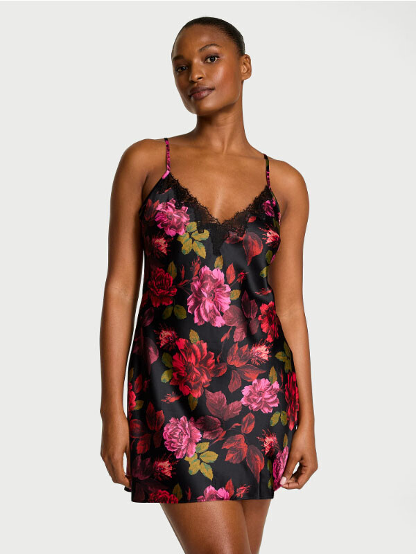 Victorias Secret Satin Rose Lace-Trim Mini Slip Dress