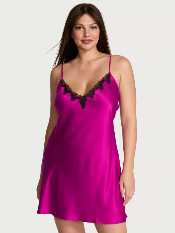 Victorias Secret Satin Rose Lace-Trim Mini Slip Dress