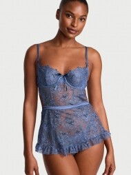 Victorias Secret Wicked Unlined Denim Rose Lace Apron Set