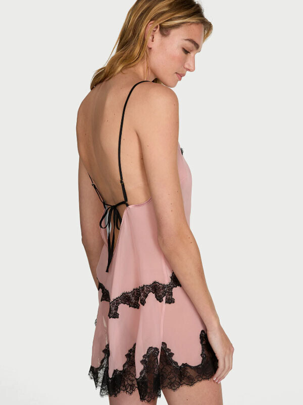 Victorias Secret Chiffon Rose Lace-Trim Mini Slip Dress
