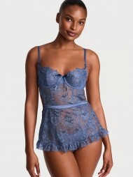 Victorias Secret Wicked Unlined Denim Rose Lace Apron Set