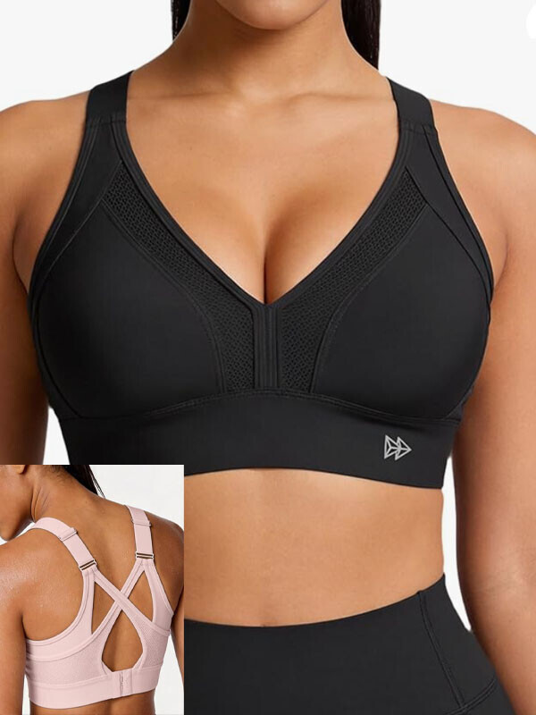 브이넥의  노와이어 러닝 스포츠 브라